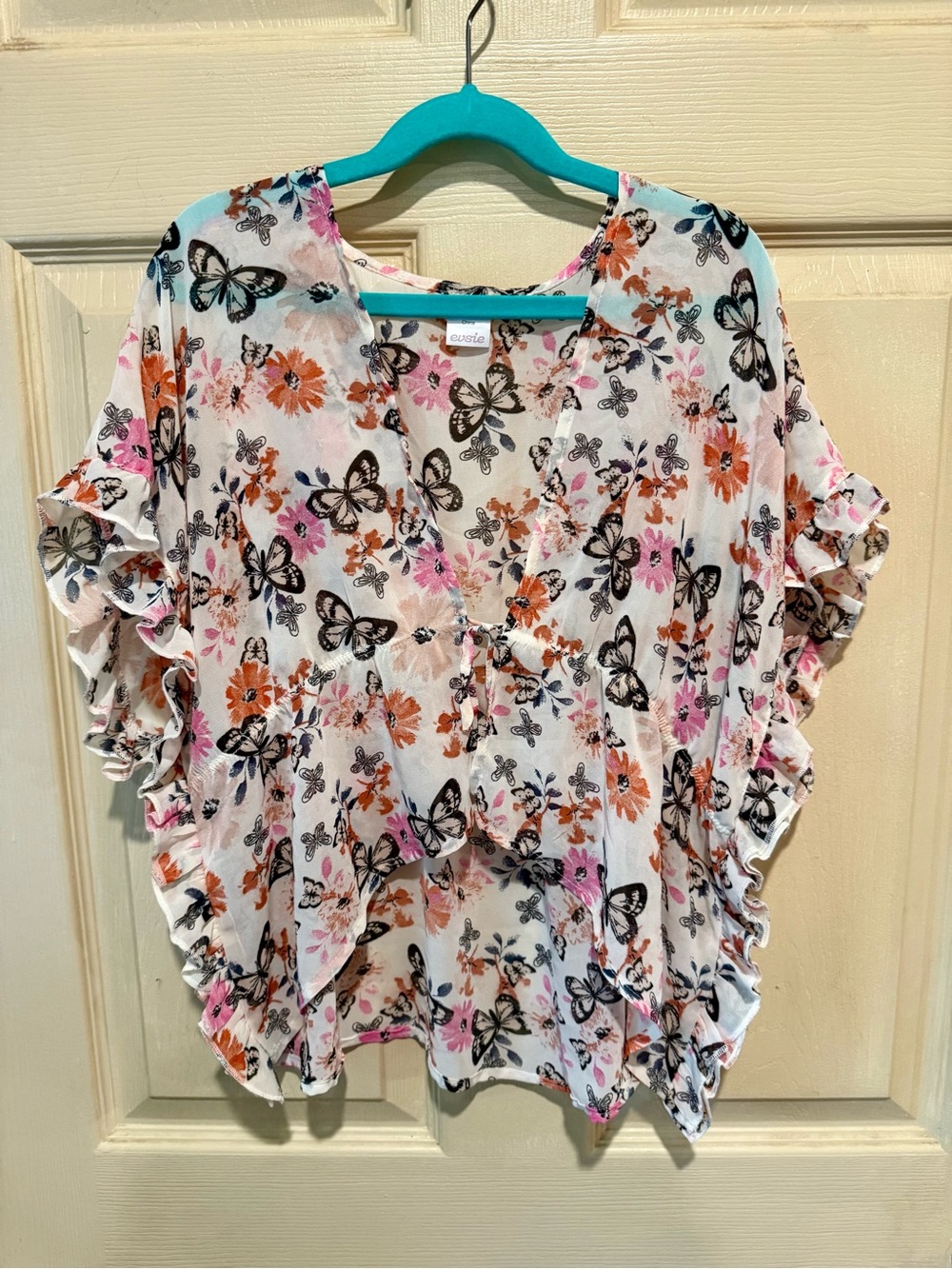 Butterfly Floral Ruffle Sleeve V-Neck Tunic - White